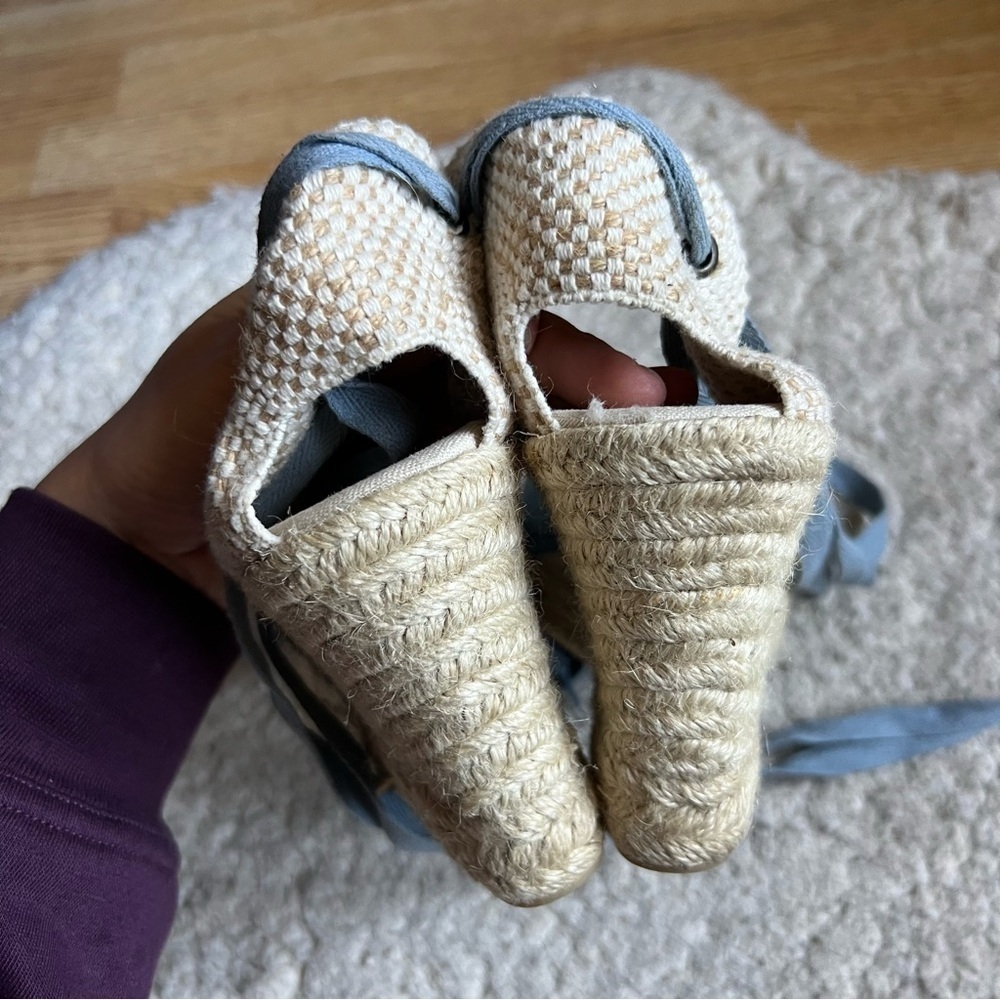 Saludos Light Denim Wrap Ankle Strap Platform Wedge Espadrille Size 8 - Picture 9 of 13